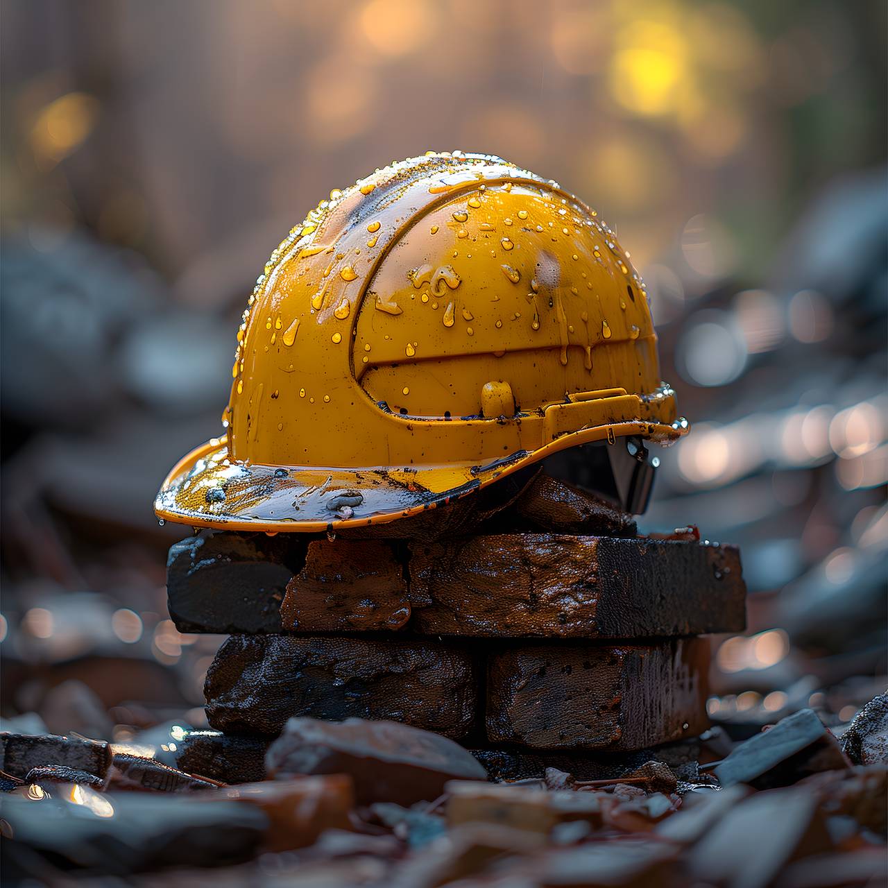 Gul bygghjälm på en sten i naturen där det regnar